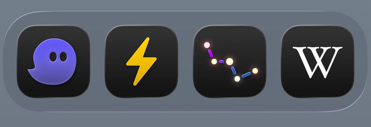 An iPhone dock displaying the icons of the apps Zeitgeist, Reeder, Sky Guide, and Wikipedia
